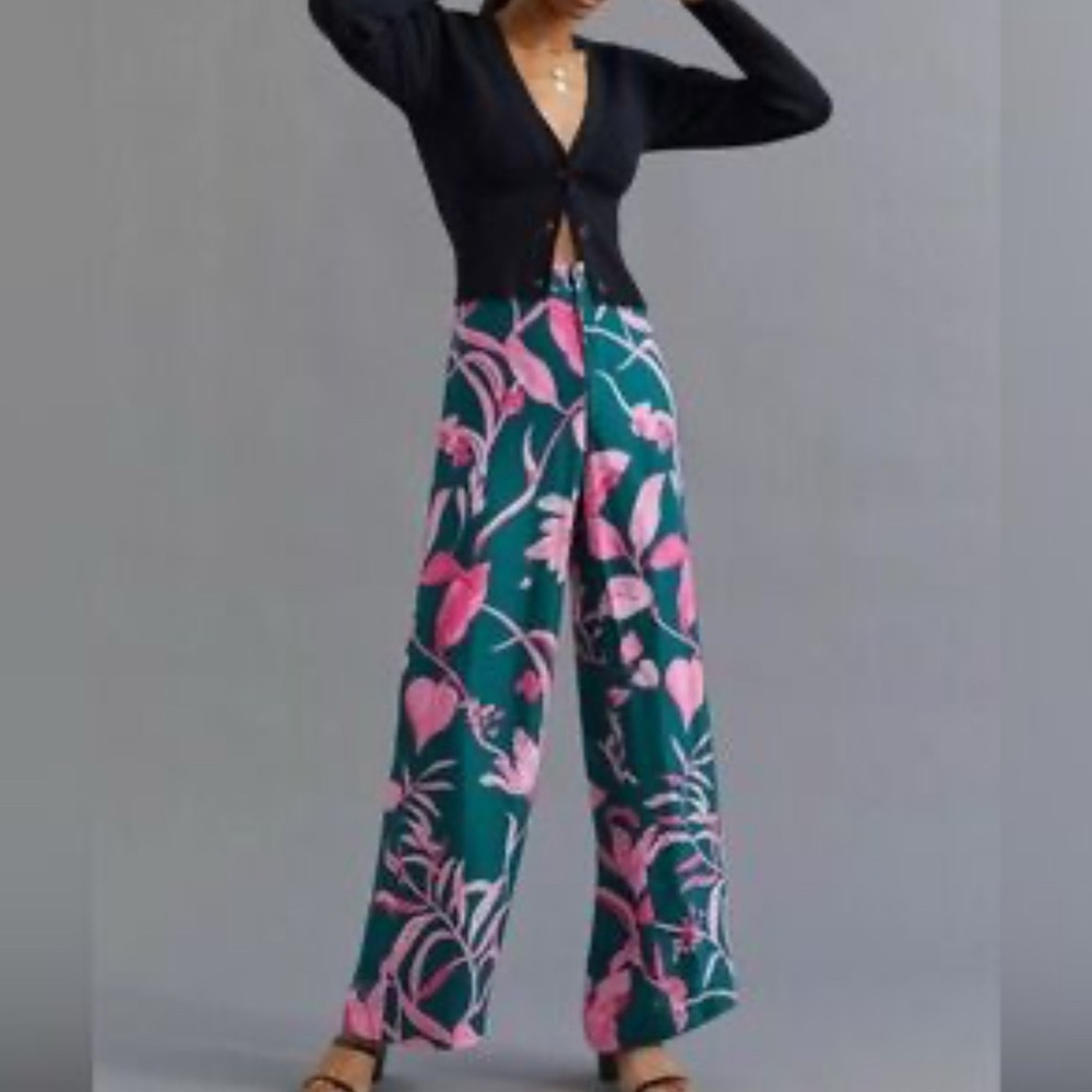 Anthropologie Tropical Floral Breezy Printed Straight Wide Leg Pants Green US2